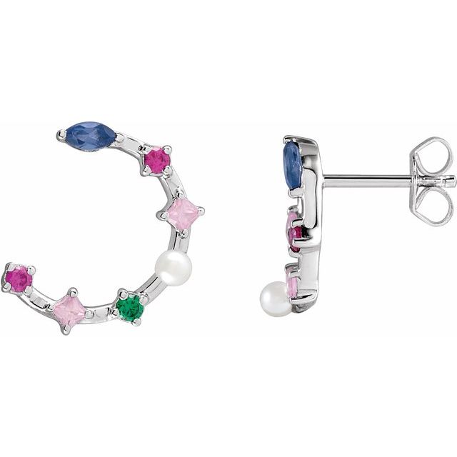 14K White Cultured White Freshwater Pearl & Natural Multi-Gemstone Earrings