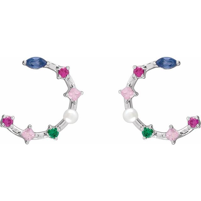 14K White Cultured White Freshwater Pearl & Natural Multi-Gemstone Earrings