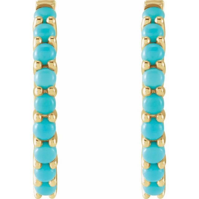 14K Yellow Natural Turquoise 20 mm Huggie Hoop Earrings