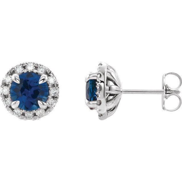 14K White 4 mm Natural Blue Sapphire & 1/5 CTW Natural Diamond Halo-Style Earrings