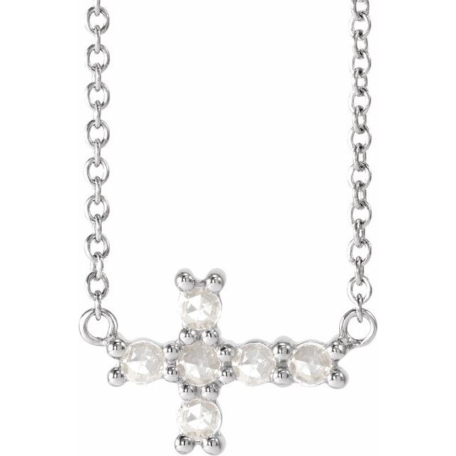 14K White 1/8 CTW Rose-Cut Natural Diamond Sideways Cross 16-18' Necklace