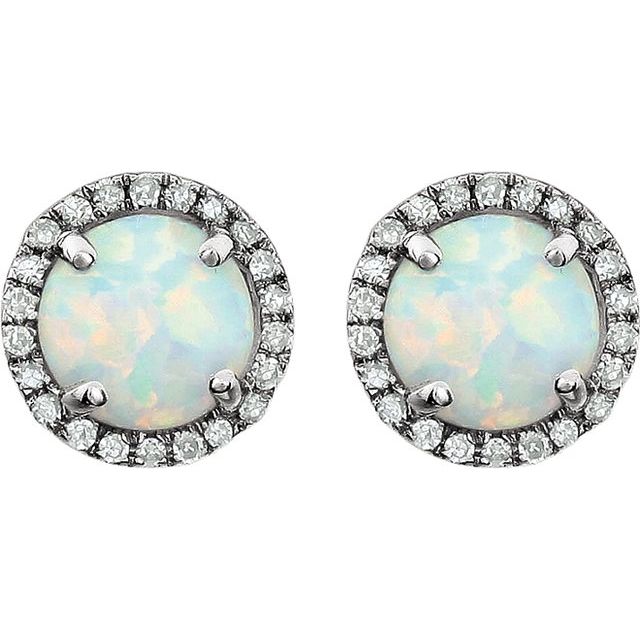 14k White Lab-grown White Opal & 1/8 Ctw Natural Diamond Earrings