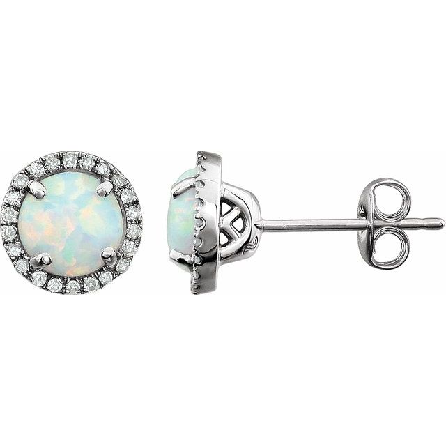 14k White Lab-grown White Opal & 1/8 Ctw Natural Diamond Earrings
