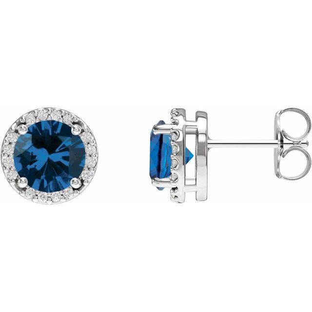 14k White Lab-grown Blue Sapphire & 1/10 Ctw Natural Diamond Halo-style Earrings