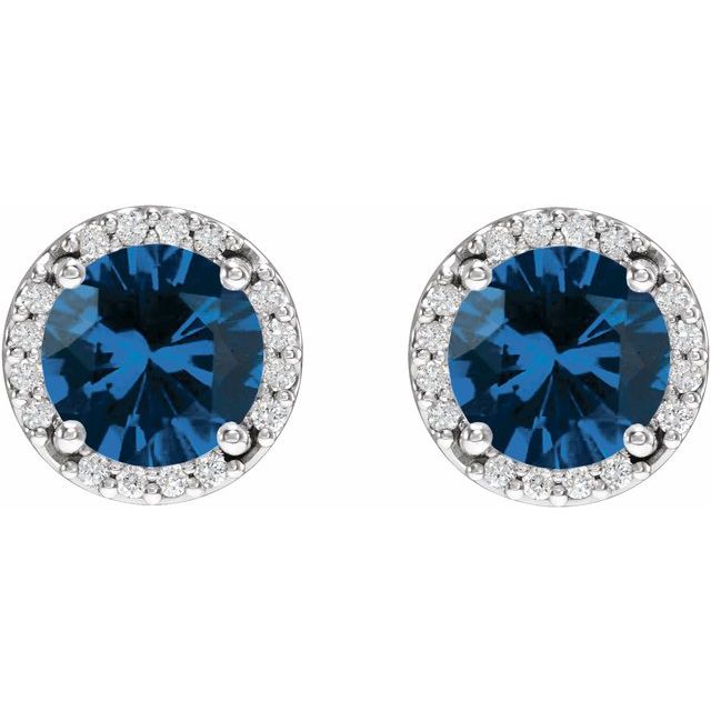 14k White Lab-grown Blue Sapphire & 1/10 Ctw Natural Diamond Halo-style Earrings
