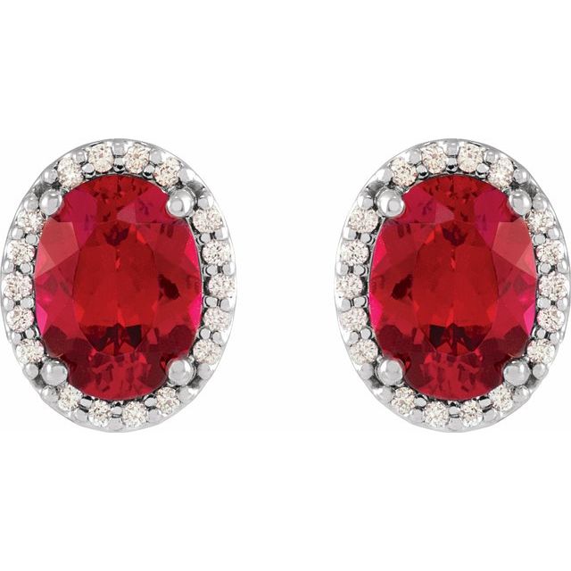 14K White 5x3 mm Lab-Grown Ruby & .04 CTW Natural Diamond Halo-Style Earrings