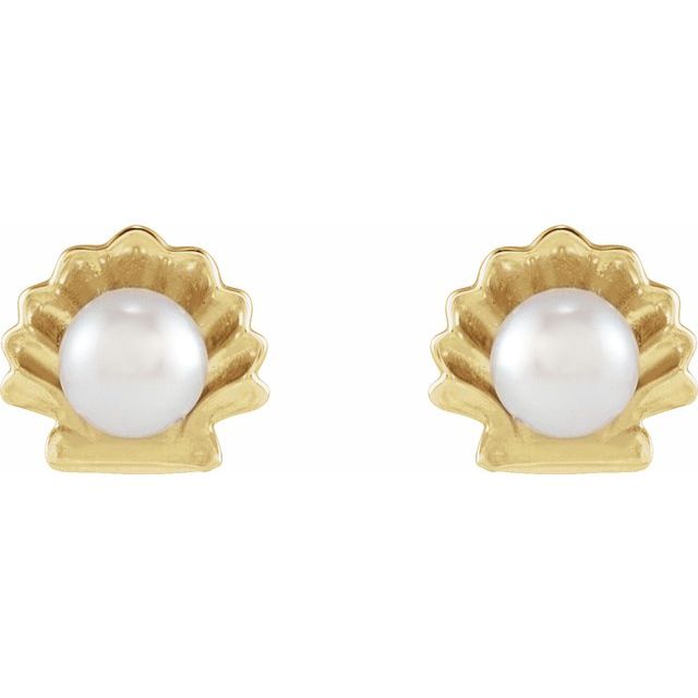 14K Yellow Cultured White Seed Pearl Shell Earrings