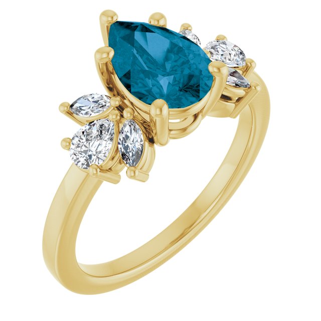 14K Yellow 9x6 mm Pear Natural London Blue Topaz & 1/2 CTW Lab-Grown Diamond Ring