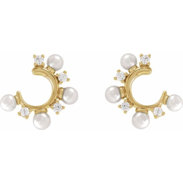 14K Yellow Cultured White Freshwater Pearl & 1/3 CTW Natural Diamond Hoop Earrings