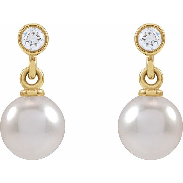 14K Yellow Cultured White Akoya Pearl & .06 CTW Natural Diamond Earrings