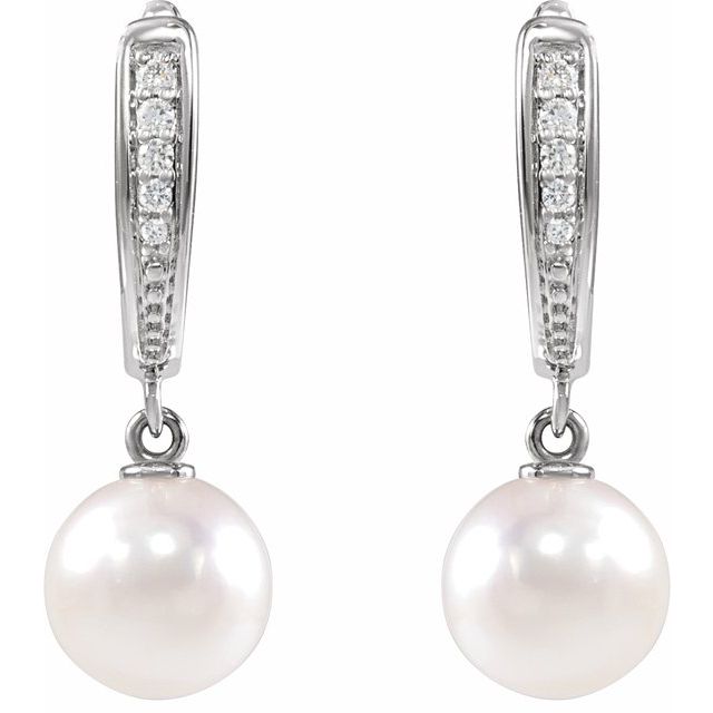 14K White Cultured White Akoya Pearl & .03 CTW Natural Diamond Earrings