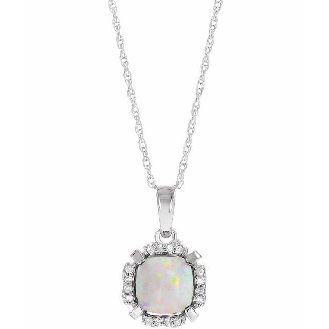 14k White Lab-grown White Opal & .04 Ctw Natural Diamond 18' Necklace