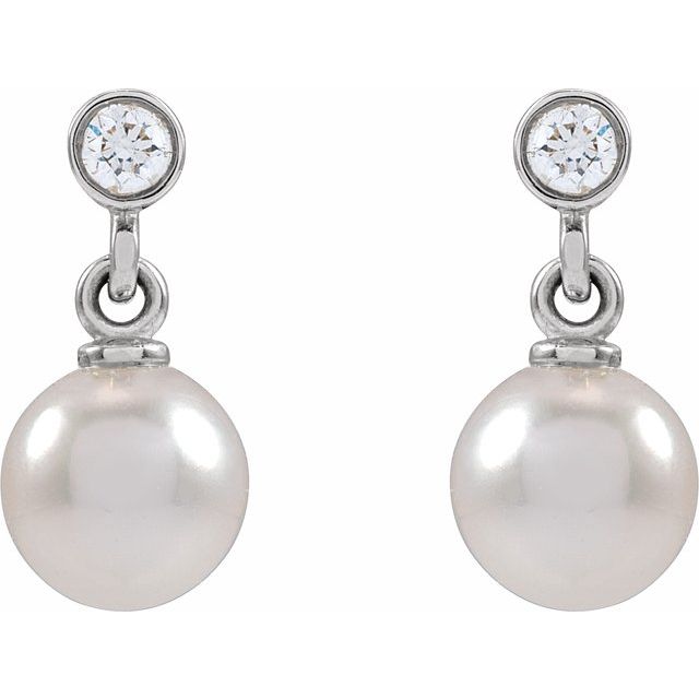 14K White Cultured White Akoya Pearl & .06 CTW Natural Diamond Earrings