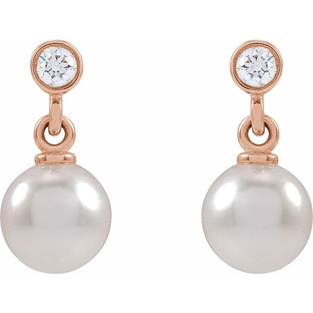 14K Rose Cultured White Akoya Pearl & .06 CTW Natural Diamond Earrings