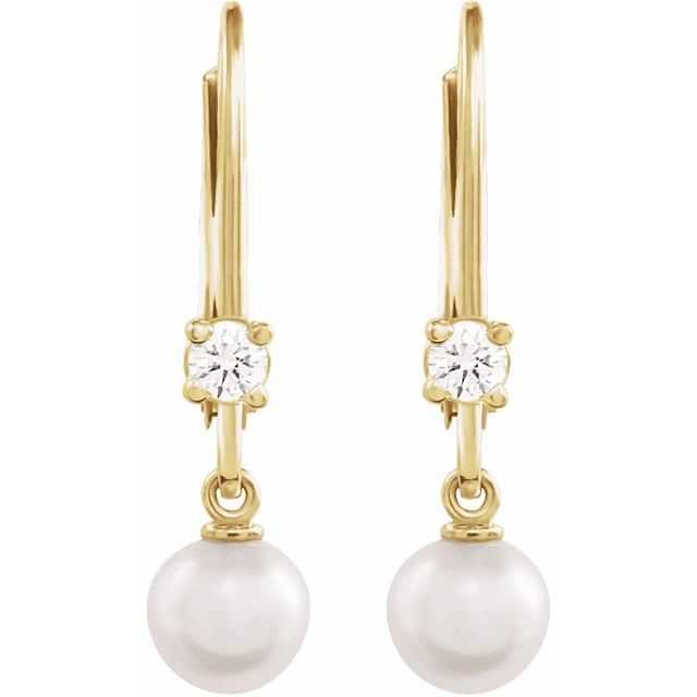 14K Yellow Cultured White Akoya Pearl & 1/8 CTW Natural Diamond Earrings