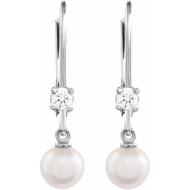 14K White Cultured White Akoya Pearl & 1/8 CTW Natural Diamond Earrings