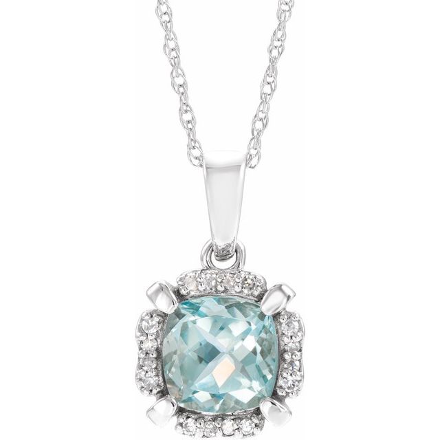 14k White Natural Aquamarine & .04 Ctw Natural Diamond 18' Necklace