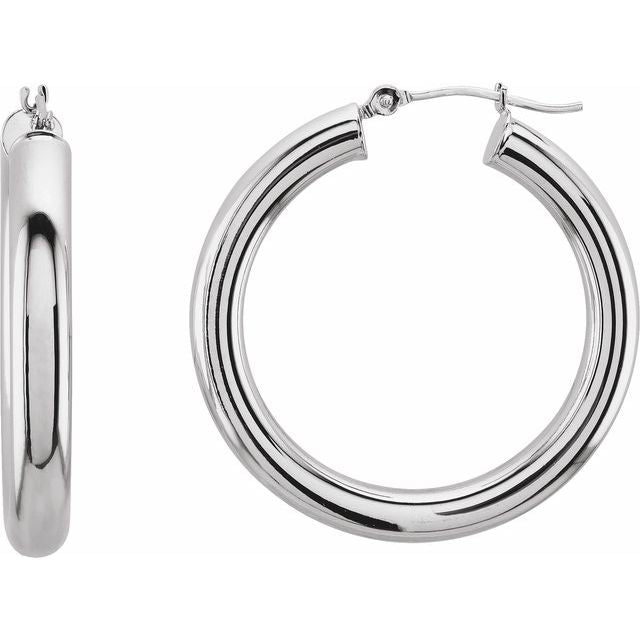 14K White Tube 30 mm Hoop Earrings