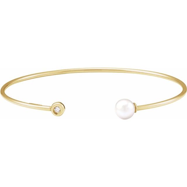 14K Yellow Cultured White Freshwater Pearl & .03 CT Natural Diamond Cuff 7' Bracelet