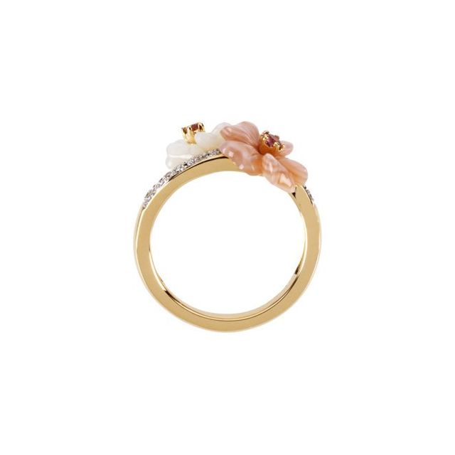 14K Yellow Natural Pink Tourmaline, Natural Mother of Pearl & .04 CTW Natural Diamond RIng