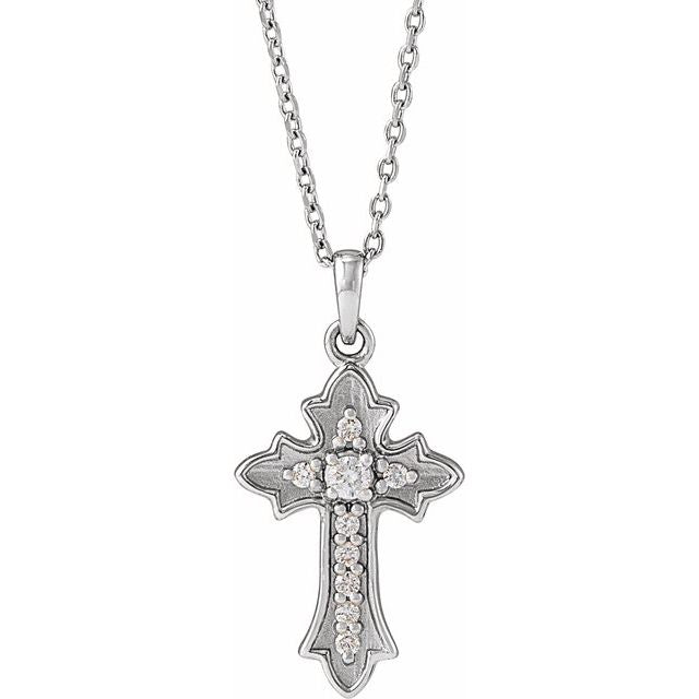14K White .08 CTW Natural Diamond Vintage-Inspired Cross 16-18' Necklace