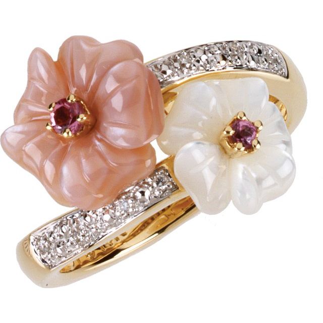 14K Yellow Natural Pink Tourmaline, Natural Mother of Pearl & .04 CTW Natural Diamond RIng