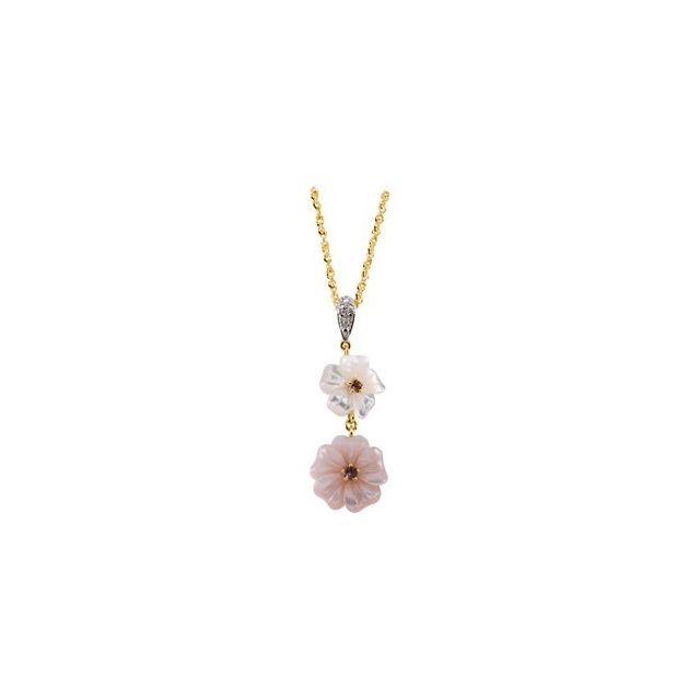 14K Yellow Natural White & Pink Mother of Pearl, Natural Pink Tourmaline & .005 CTW Natural Diamond Flower 18' Necklace