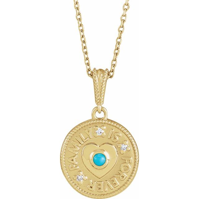 14K Yellow Cabochon Natural Turquoise & .02 CTW Natural Diamond Family is Forever 16-18' Necklace