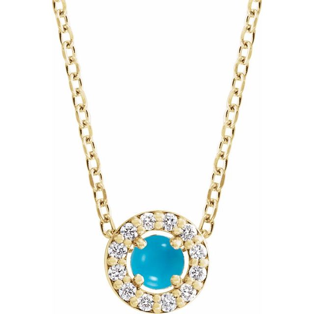 14K Yellow Cabochon Natural Turquoise & .05 CTW Natural Diamond Halo-Style 16-18' Necklace