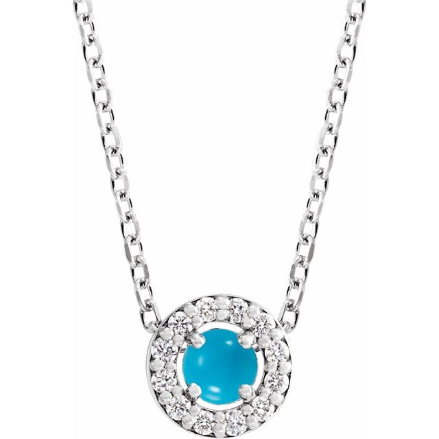 14K White Cabochon Natural Turquoise & .06 CTW Natural Diamond Halo-Style 16-18' Necklace