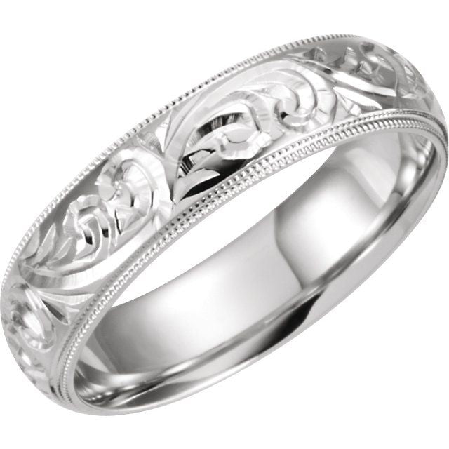 14K White 6 mm Design-Engraved Milgrain Band Size 10