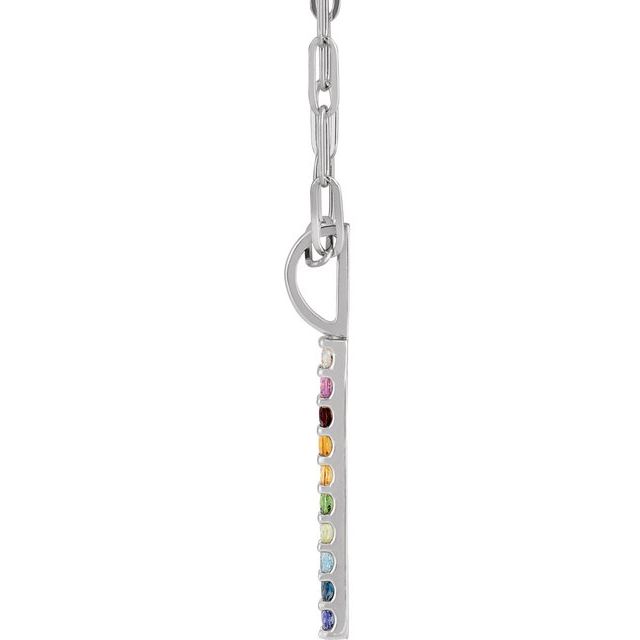 14K White Natural Multi-Gemstone & .02 CT Natural Diamond Rainbow Bar 18' Necklace