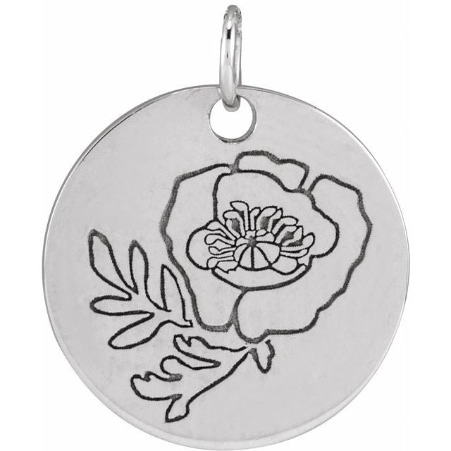 Sterling Silver Poppy August Birth Flower Pendant