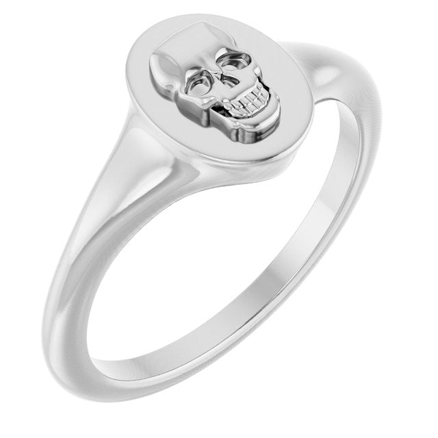 14K White Skull Signet Ring