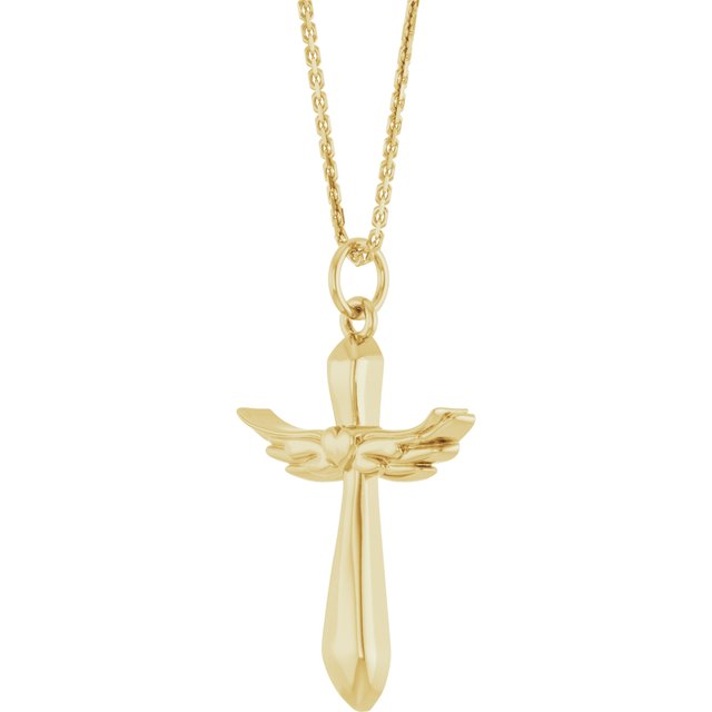 14k Yellow Angel Wings Heart Cross 18' Necklace