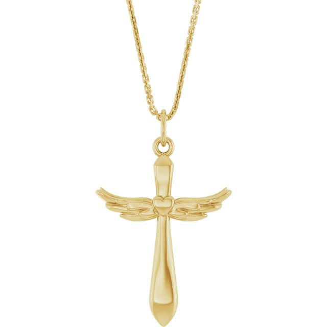 14k Yellow Angel Wings Heart Cross 18' Necklace