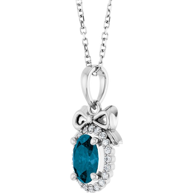 14K White Natural London Blue Topaz & .08 CTW Natural Diamond Bow 16-18' Necklace