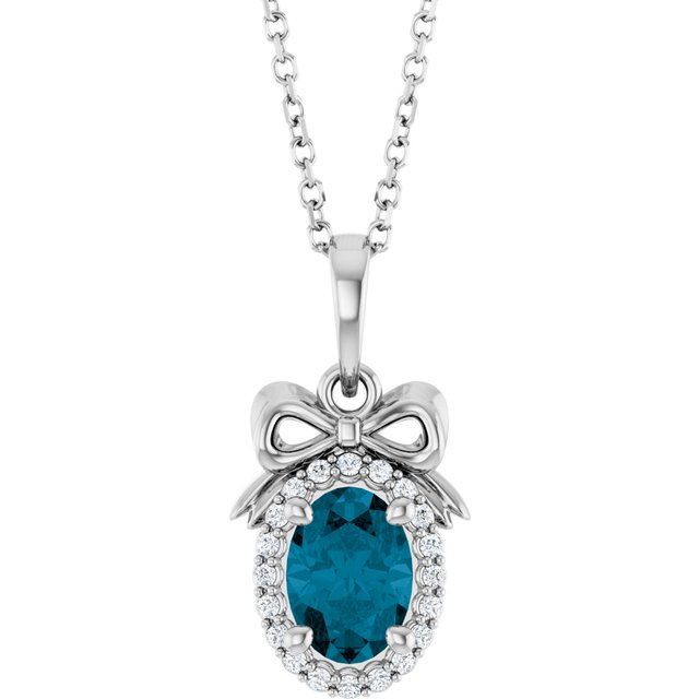 14K White Natural London Blue Topaz & .08 CTW Natural Diamond Bow 16-18' Necklace