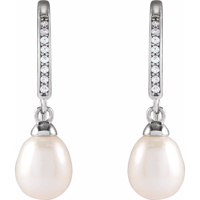 Rhodium-Plated Sterling Silver Cultured White Freshwater Pearl & Imitation Cubic Zirconia Earrings