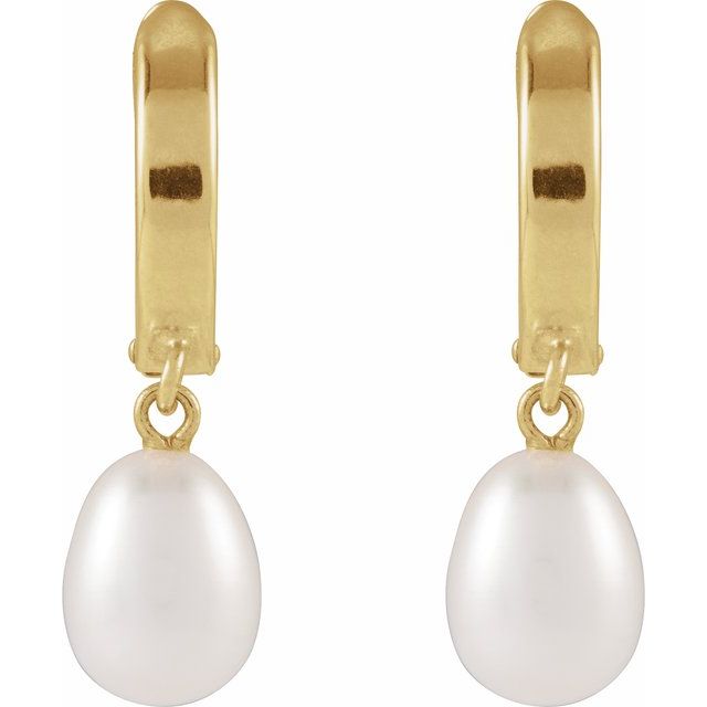 14K Yellow Cultured White Freshwater Pearl Hoop Earrings