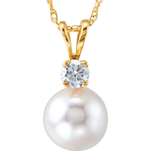 14K Yellow Cultured White Akoya Pearl & 1/10 CTW Natural Diamond 18' Necklace