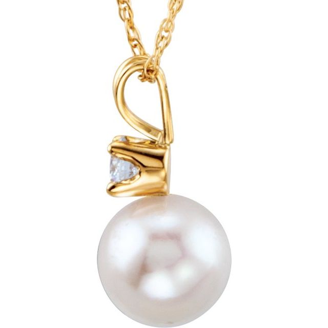 14K Yellow Cultured White Akoya Pearl & 1/10 CTW Natural Diamond 18' Necklace