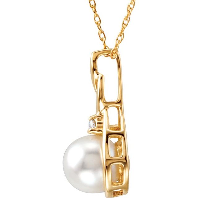 14K Yellow Cultured White Akoya Pearl & .03 CTW Natural Diamond 18' Necklace