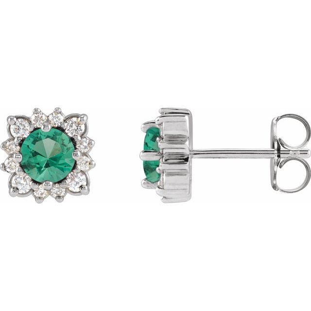 14K White Natural Emerald & .08 CTW Natural Diamond Halo-Style Earrings