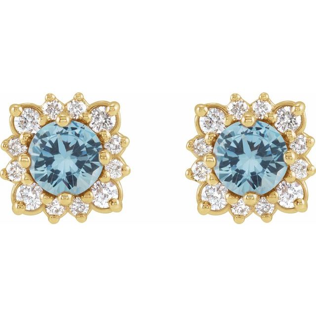 14K Yellow Natural Aquamarine & 1/5 CTW Natural Diamond Halo-Style Earrings
