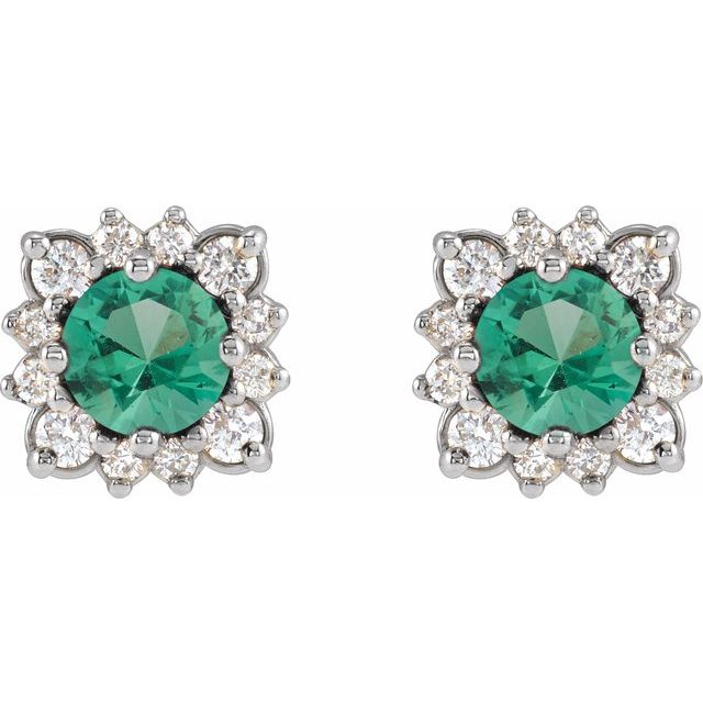 14K White Natural Emerald & .08 CTW Natural Diamond Halo-Style Earrings