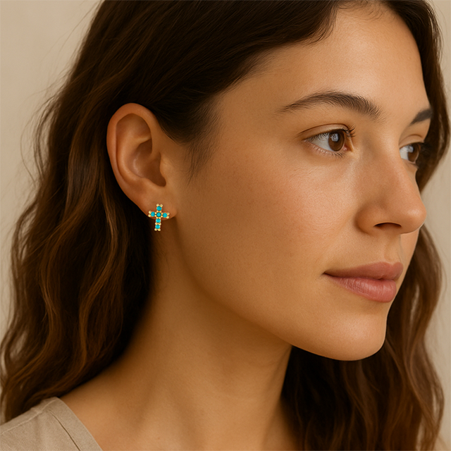 14K Yellow Natural Turquoise Cross Earrings
