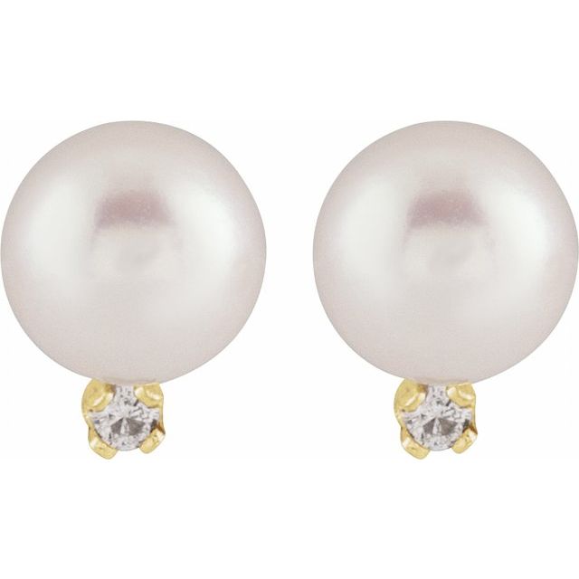 14K Yellow Cultured White Akoya Pearl & .02 CTW Natural Diamond Earrings