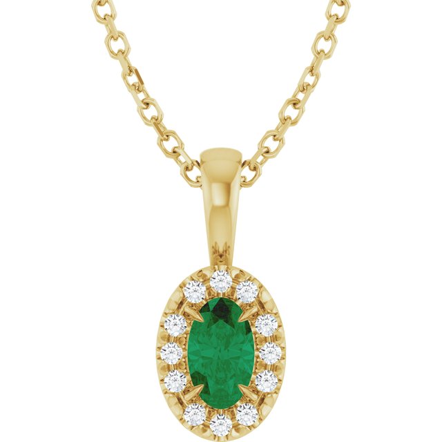 14K Yellow 5x3 mm Natural Emerald & .05 CTW Natural Diamond 16-18' Necklace