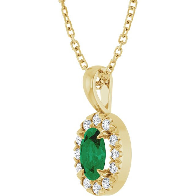 14K Yellow 6x4 mm Lab-Grown Emerald & 1/10 CTW Natural Diamond 16-18' Necklace